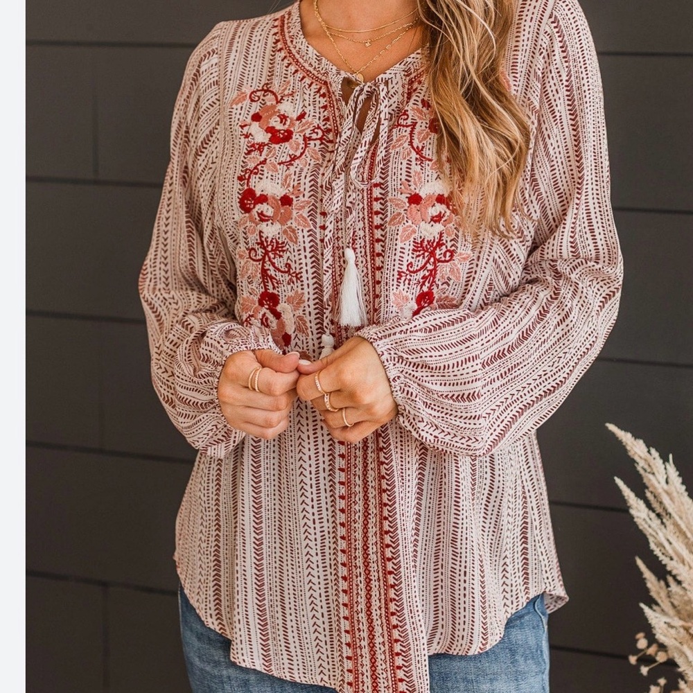 Savanna Jane Red and Cream Embroidered Blouse